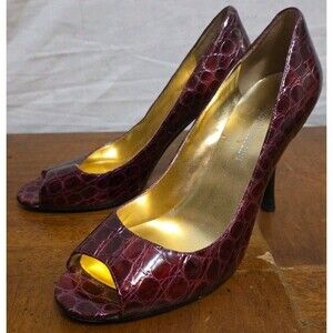 Enzo Angiolini Slip Pumps Sz 7.5 Red Maroon Crocodile Patent Leather Heels Shoes